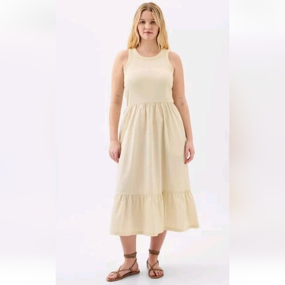 GAP Cream Midi Dress with ruffle hem and ribbed stretch racerback bodice